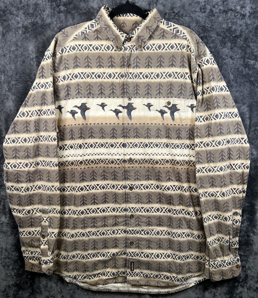 Woolrich Duck Print Chamois Flannel Shirt Men’s XL Hunting Button Up USA AOP